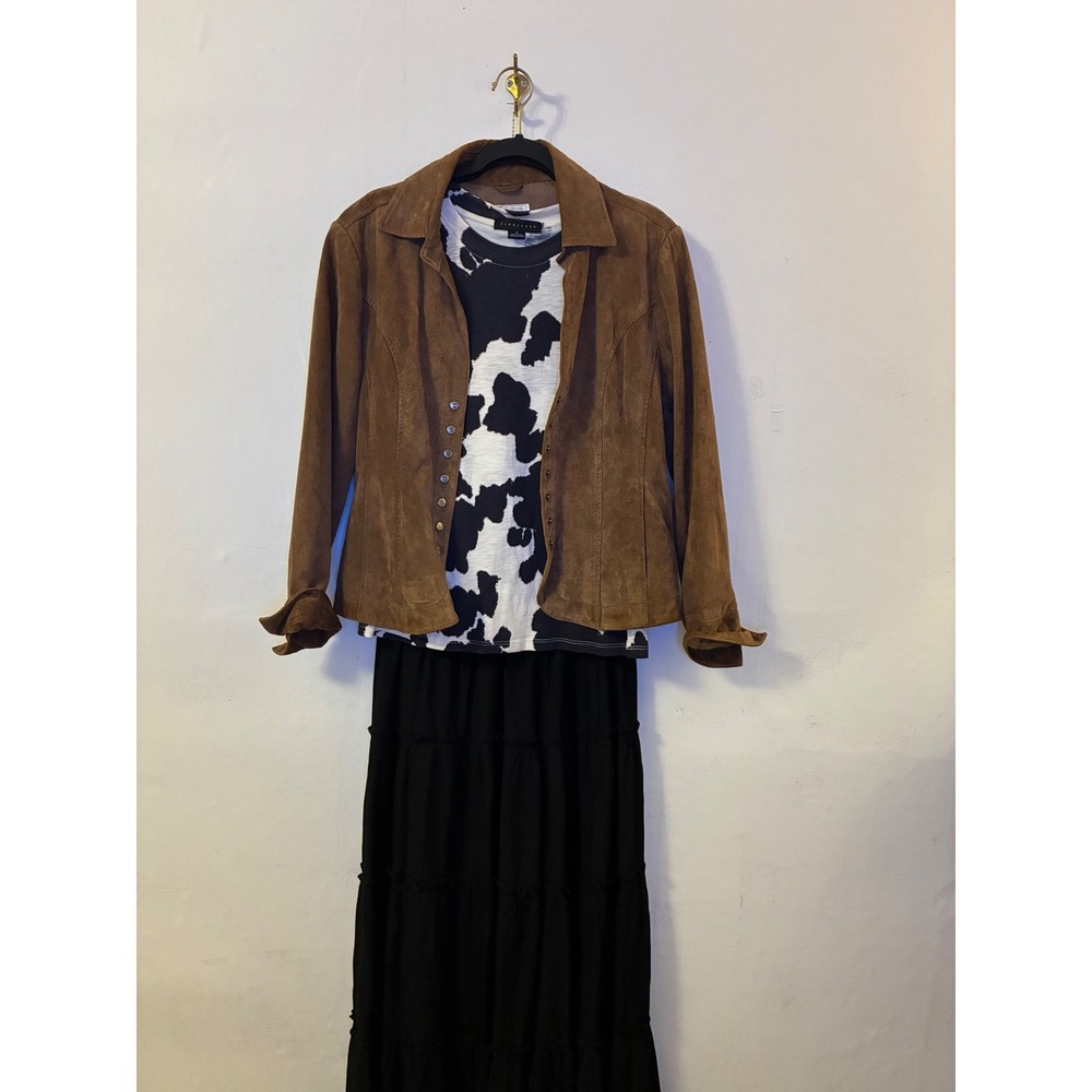 Vintage Suede Jacket Cow Print Tee & Black Boho Maxi Skirt Outfit Bundle Set